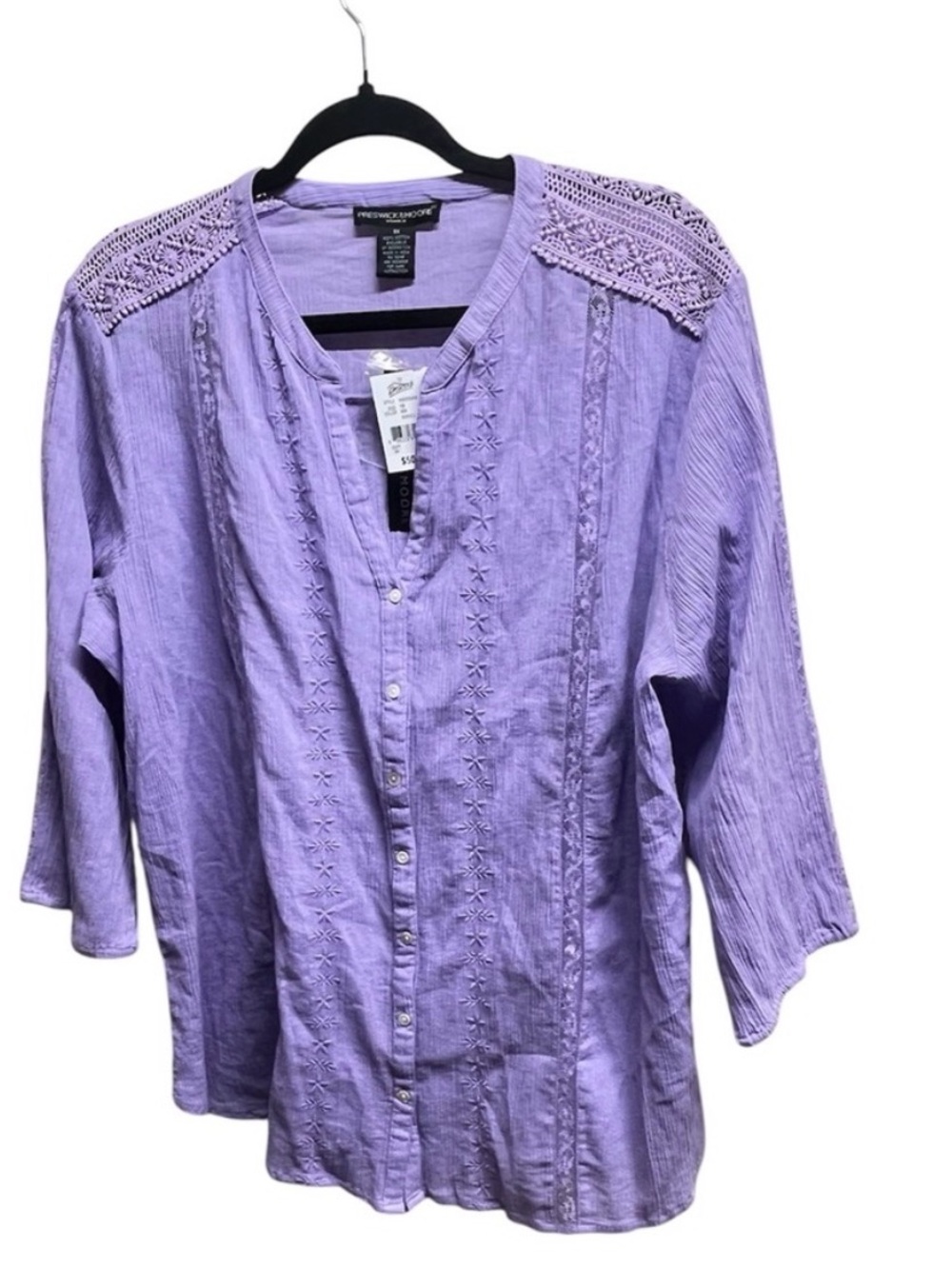Preswick & Moore Lavender Button-Front Crochet Shoulder 100% Cotton Blouse Sz 1X